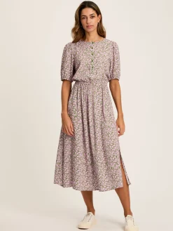 Adele Green & Pink Floral Button Down Midi Dress with Slit