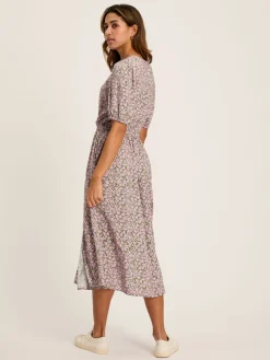 Adele Green & Pink Floral Button Down Midi Dress with Slit