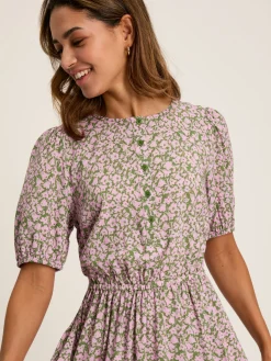 Adele Green & Pink Floral Button Down Midi Dress with Slit
