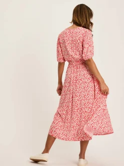 Adele Red Floral Button Down Midi Dress with Slit