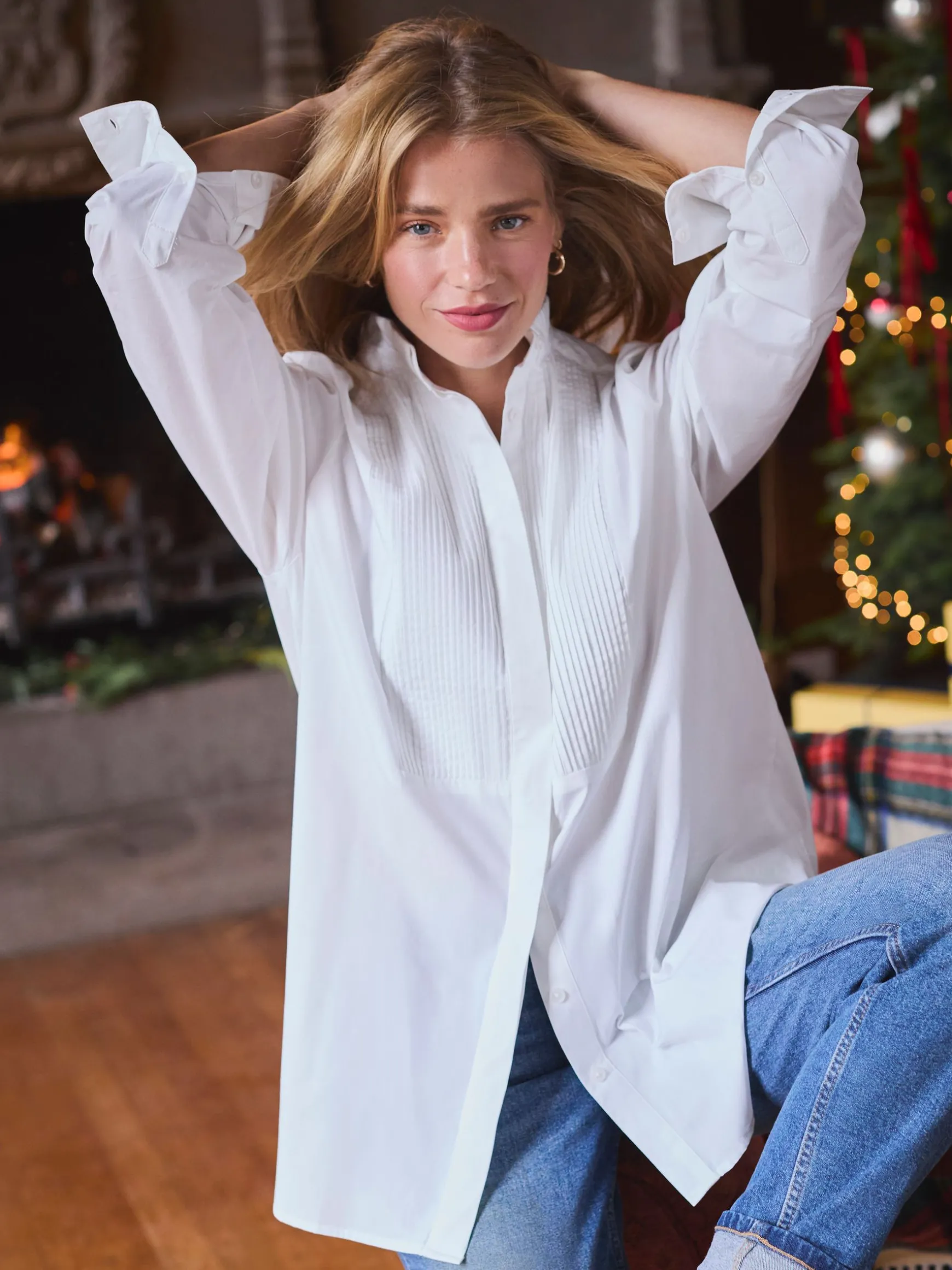 Adeline White Pleated Tuxedo-Style Shirt