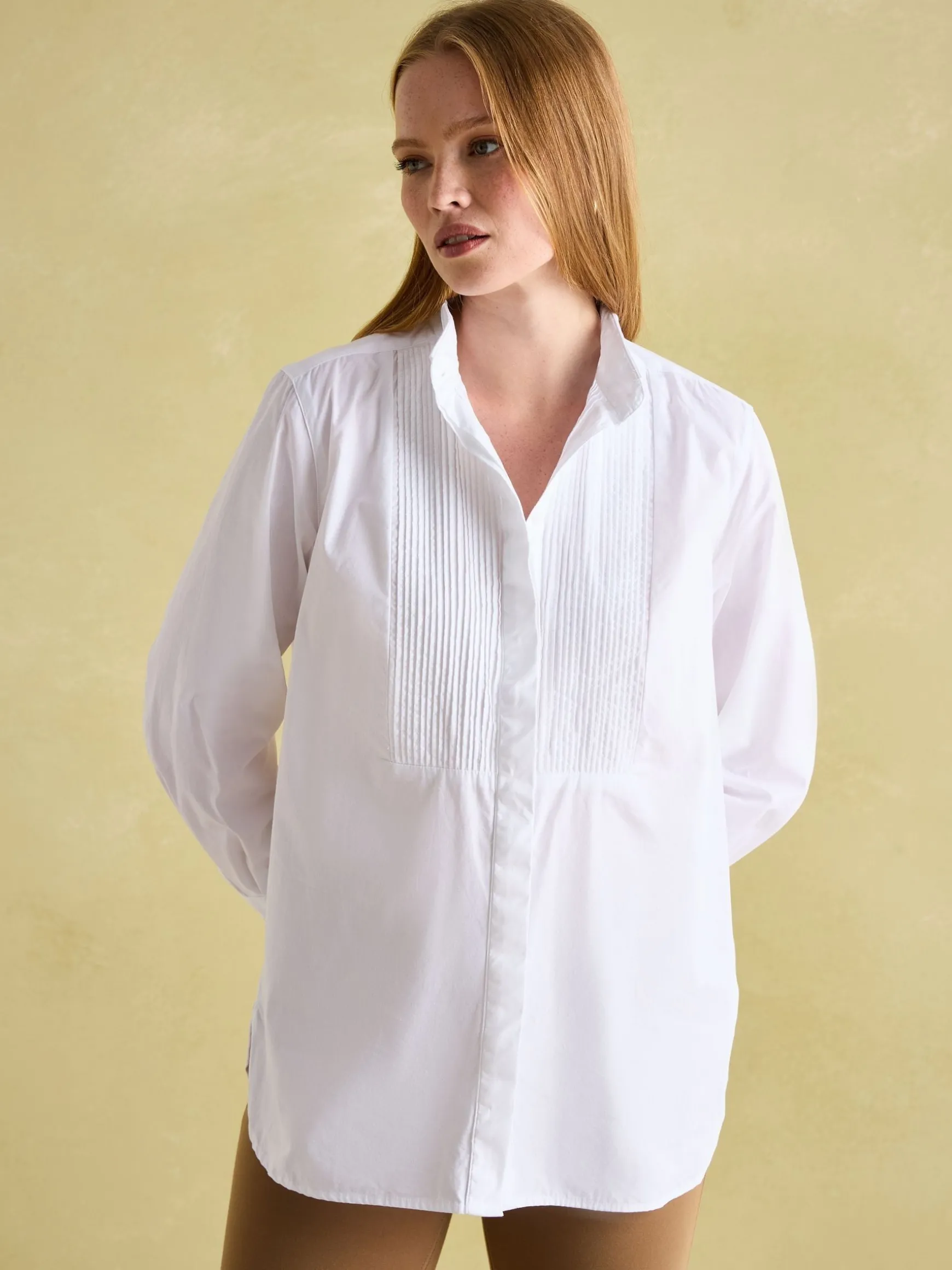 Adeline White Pleated Tuxedo-Style Shirt