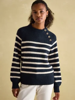 Agnes Navy Striped Button Neck Jumper