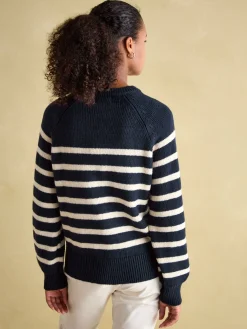 Agnes Navy Striped Button Neck Jumper