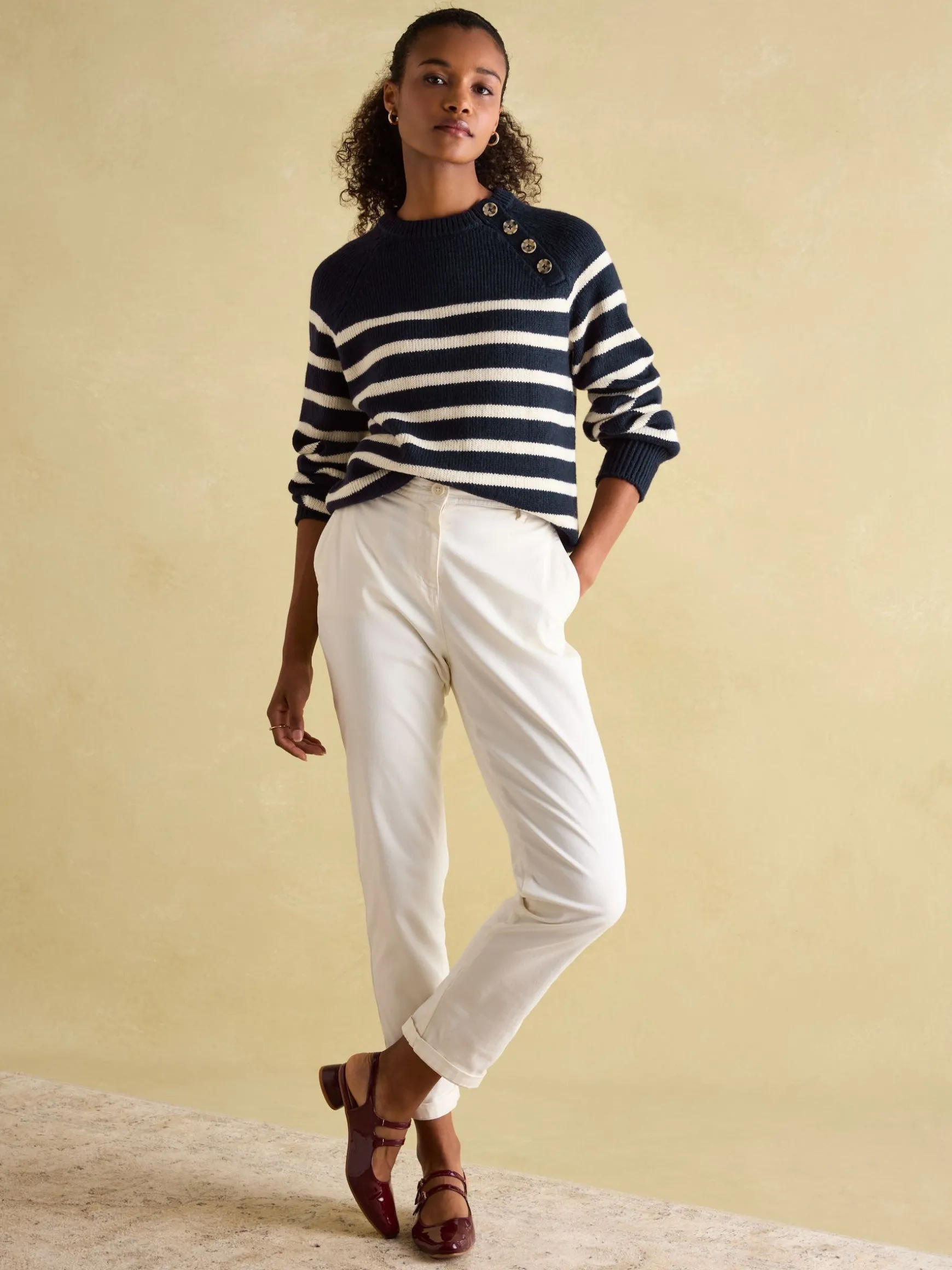 Agnes Navy Striped Button Neck Jumper