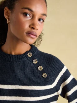 Agnes Navy Striped Button Neck Jumper
