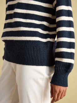 Agnes Navy Striped Button Neck Jumper