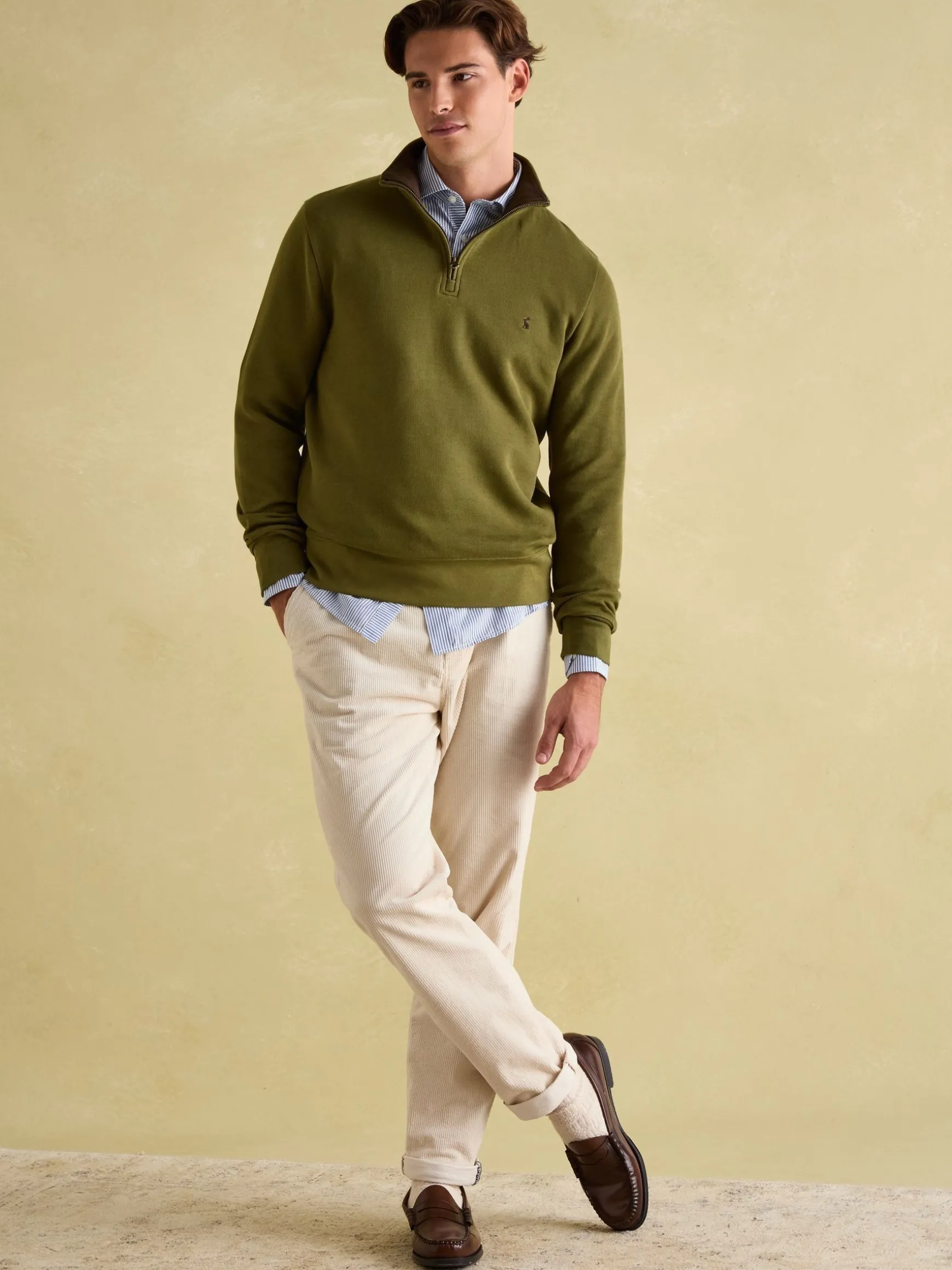 Alistair Khaki Green Quarter Zip Cotton Sweatshirt