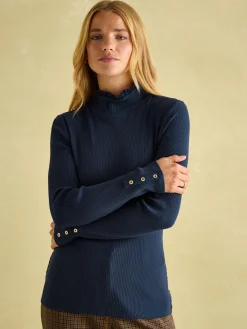 Amy Navy Ribbed Long Sleeve High Neck Jersey Top