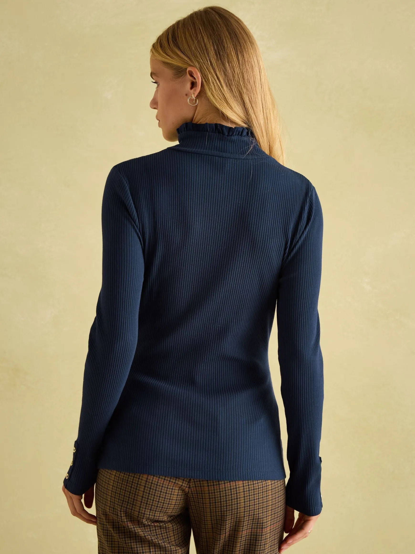 Amy Navy Ribbed Long Sleeve High Neck Jersey Top
