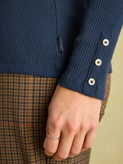 Amy Navy Ribbed Long Sleeve High Neck Jersey Top