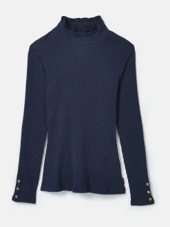 Amy Navy Ribbed Long Sleeve High Neck Jersey Top