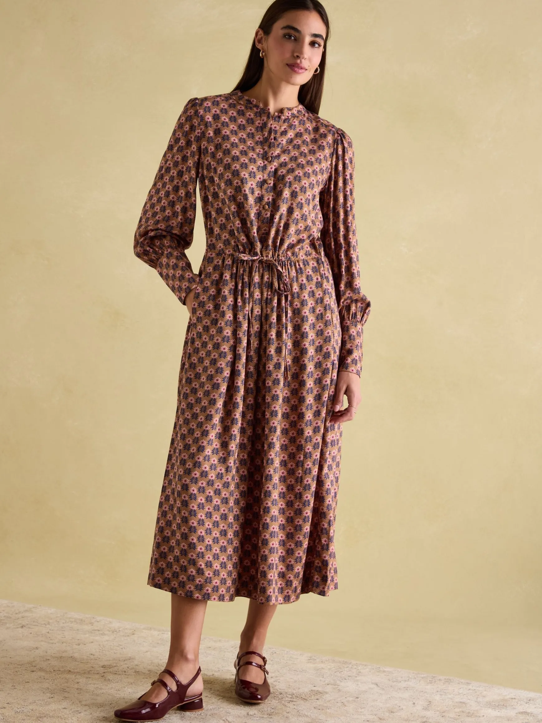 Aster Brown Tie Waist Midi Dress