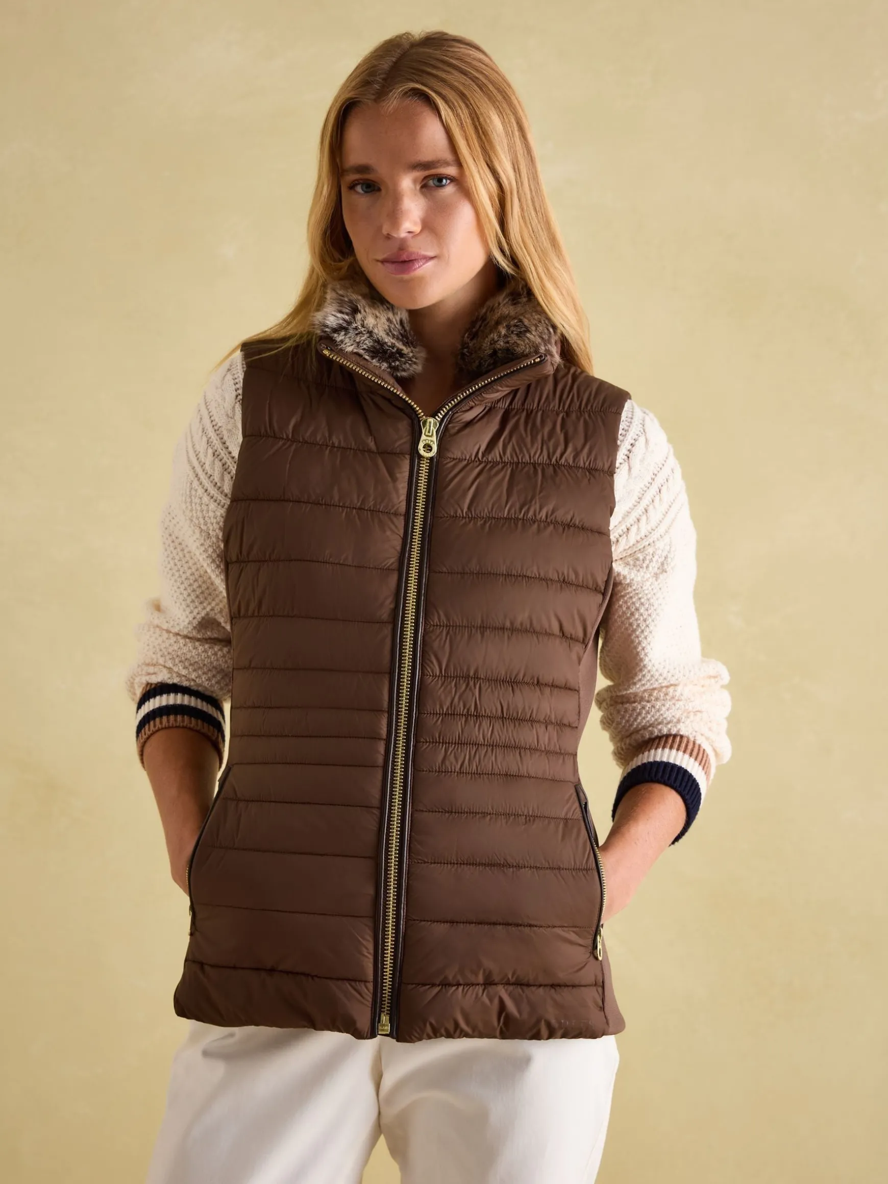 Beckley Brown Padded Showerproof Gilet With Detachable Faux Fur Collar