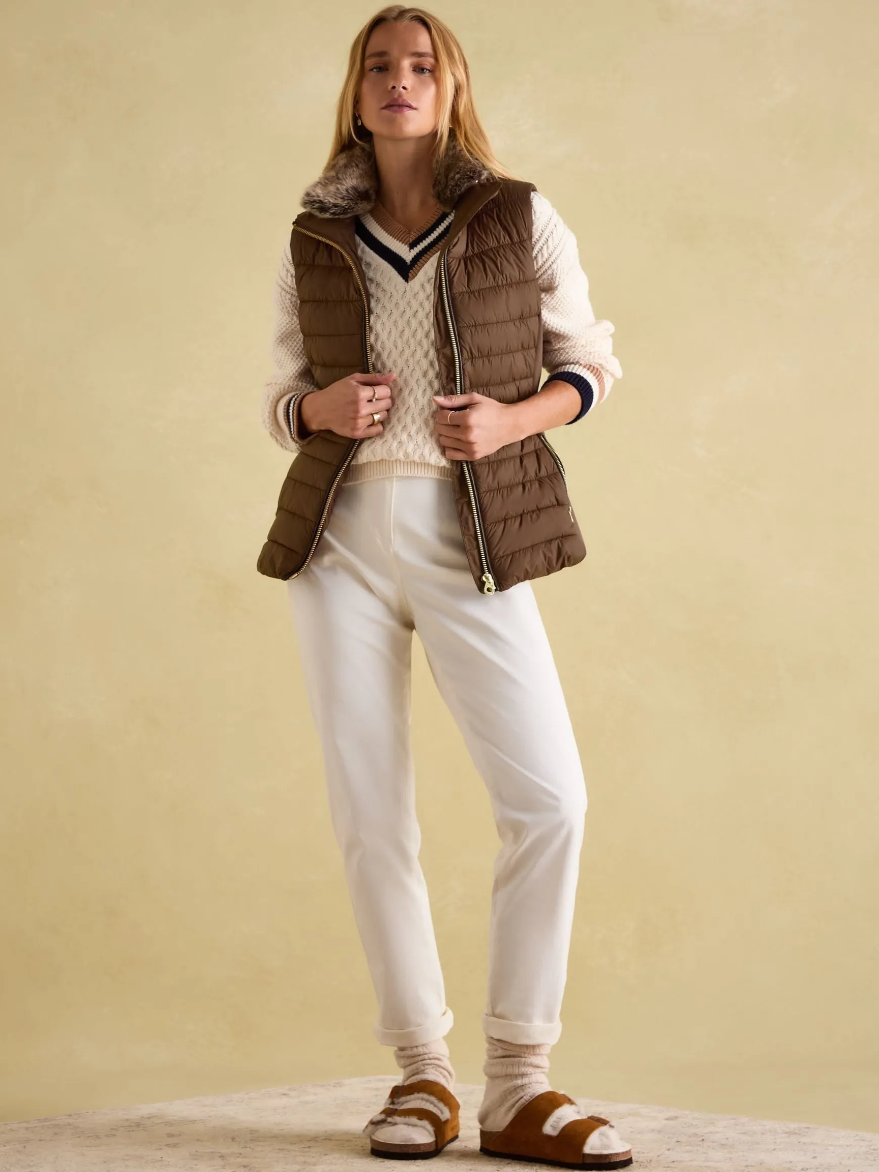 Beckley Brown Padded Showerproof Gilet With Detachable Faux Fur Collar