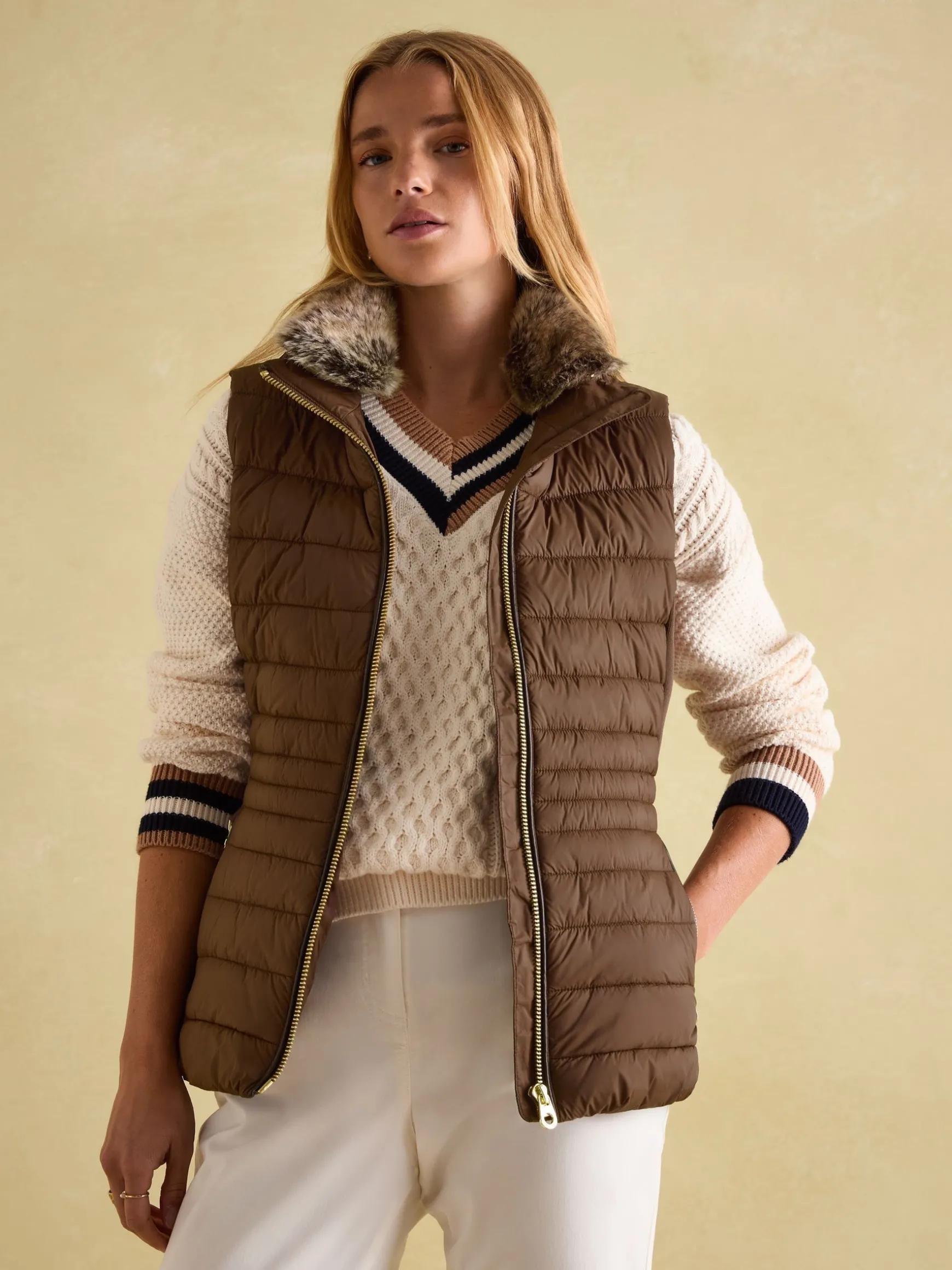Beckley Brown Padded Showerproof Gilet With Detachable Faux Fur Collar