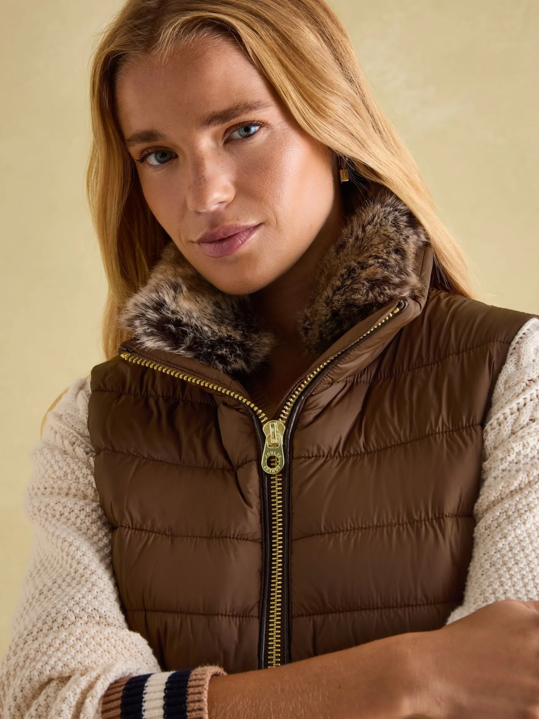 Beckley Brown Padded Showerproof Gilet With Detachable Faux Fur Collar