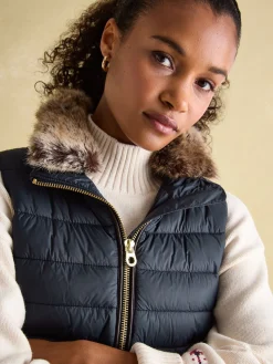 Beckley Navy Padded Showerproof Gilet With Detachable Faux Fur Collar