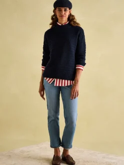 Bernie Navy Blue Crew Neck Textured Jumper Contains Merino Wool