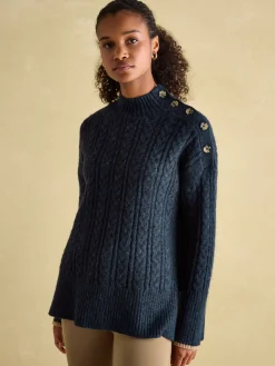 Betsy Navy Button Shoulder Cable Jumper