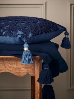 Blue 100% Cotton Paisley Tufted Cushion