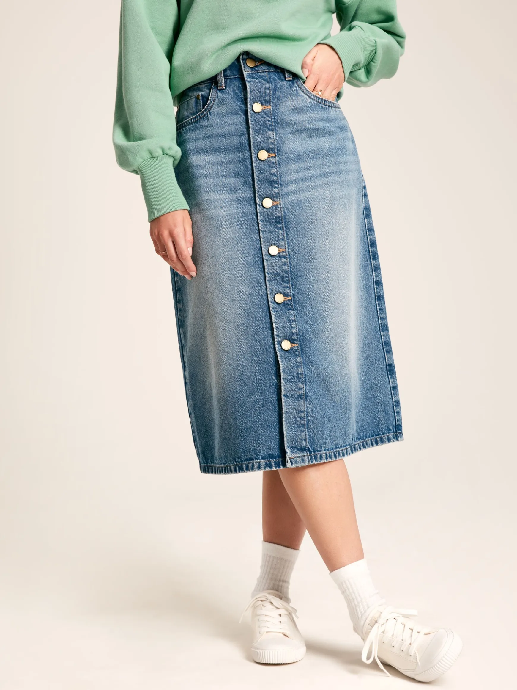 Blue Button Front Denim Midi Skirt