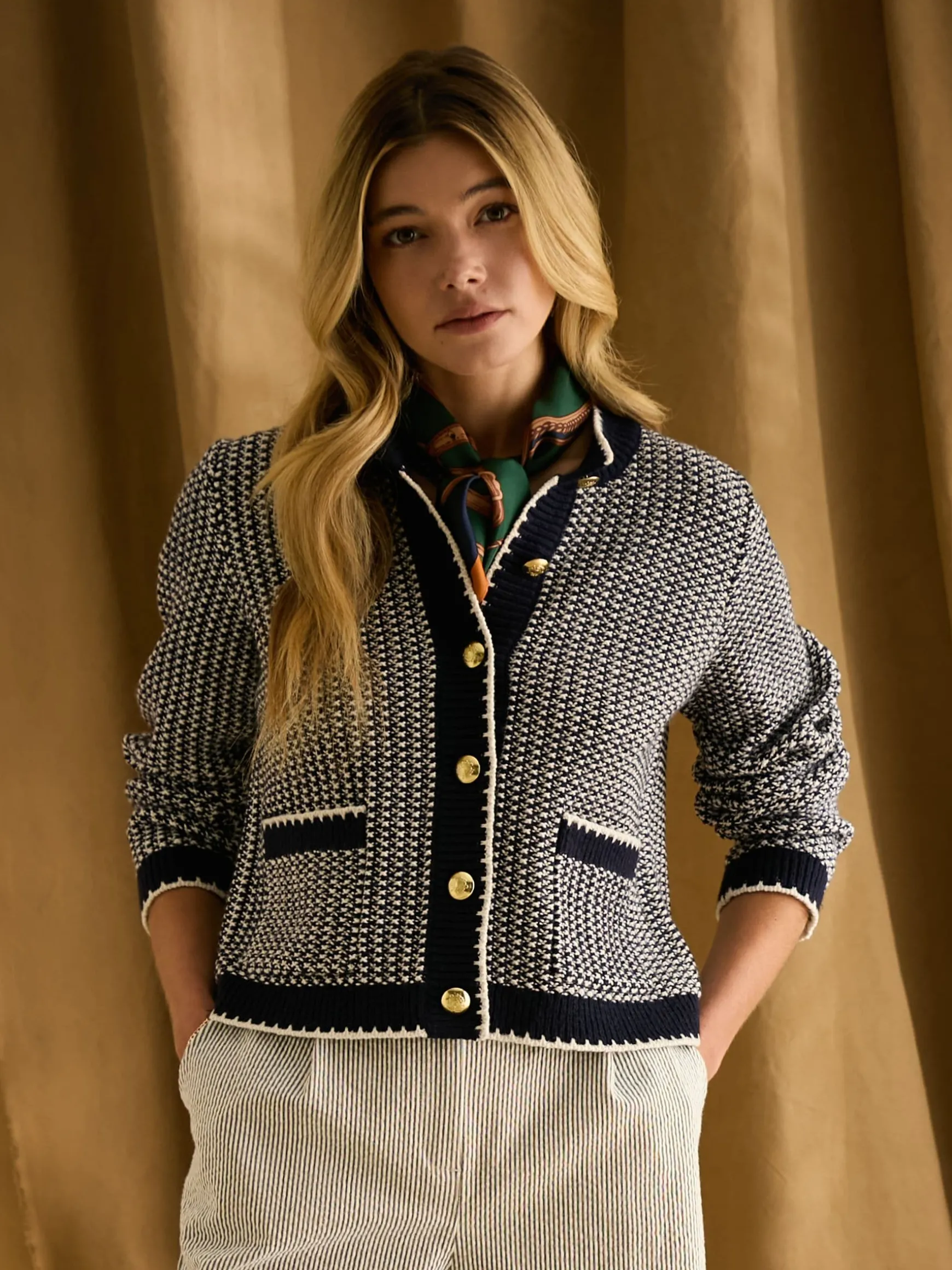 Bridget Navy Button Through Textured Cardigan