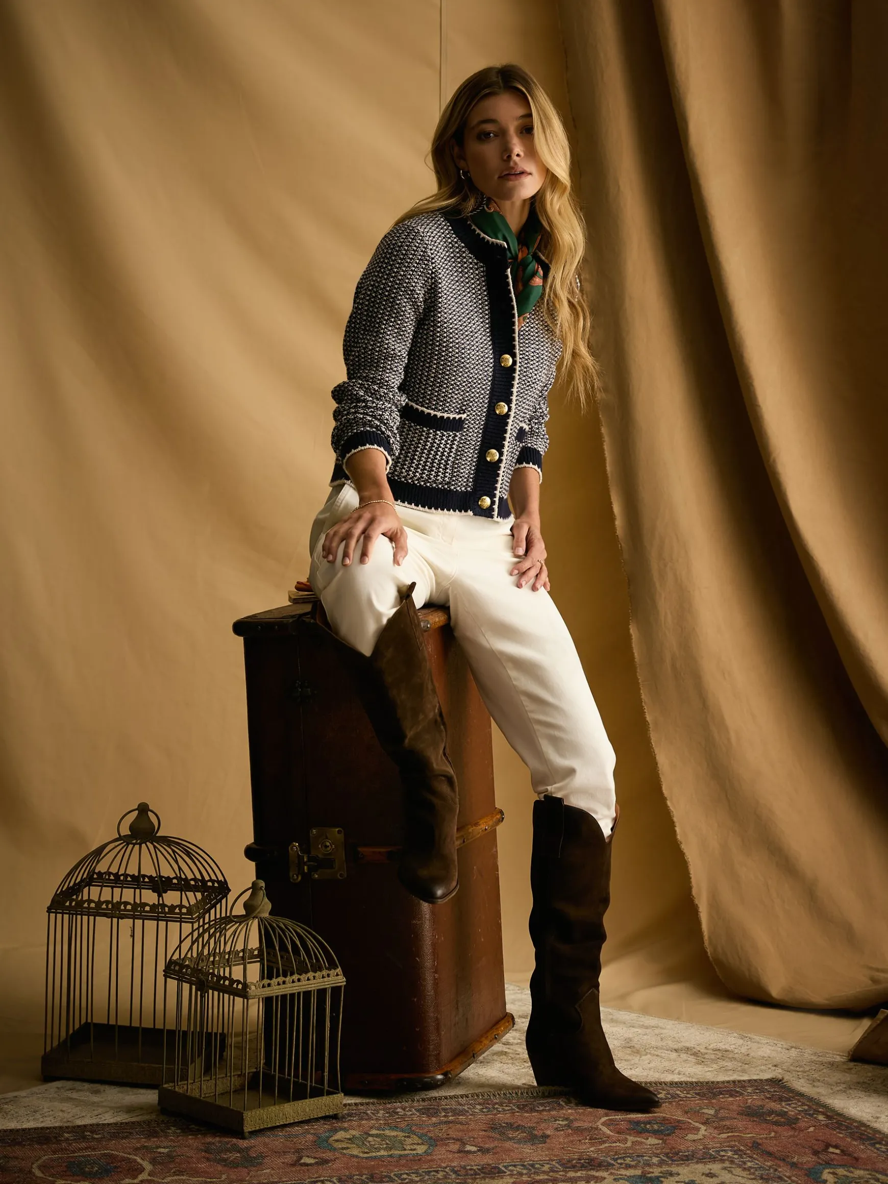 Bridget Navy Button Through Textured Cardigan