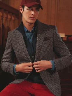 Brown Slim Fit Dogtooth Texture Suit Jacket