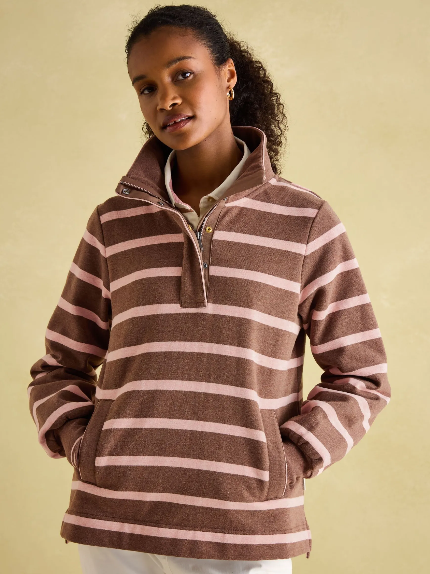Burnham Chocolate Brown pink Funnel Neck Quarter Zip Sweatshirt