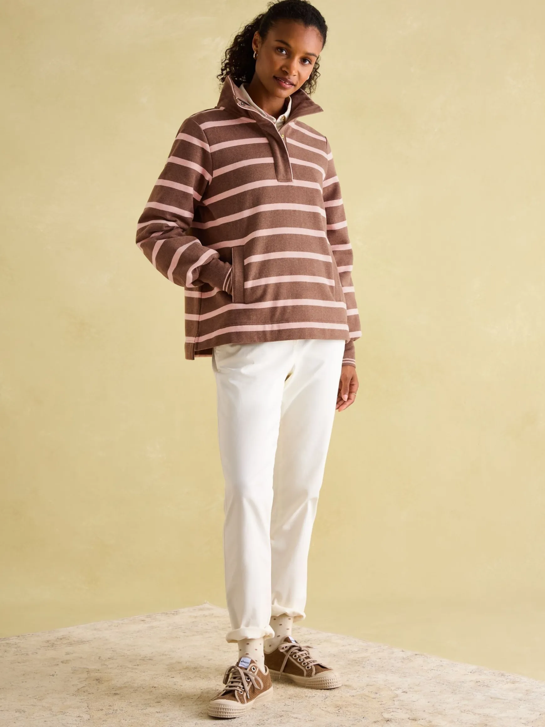 Burnham Chocolate Brown pink Funnel Neck Quarter Zip Sweatshirt