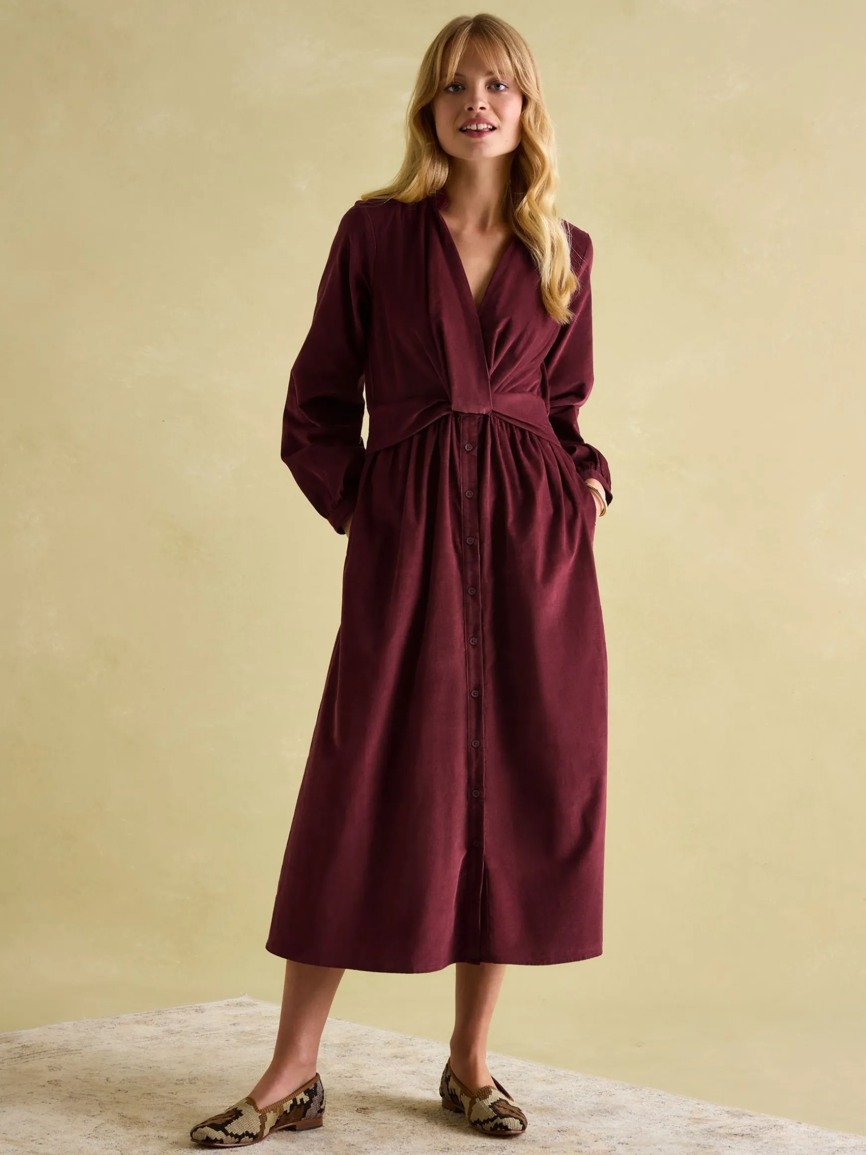 Cara Burgundy Cord Twisted Front Dress
