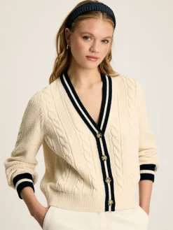 Centre Court Cream & Navy Button Through Cable Knit Cardigan