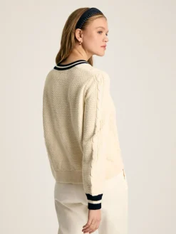 Centre Court Cream & Navy Button Through Cable Knit Cardigan