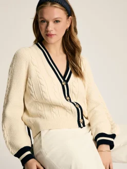 Centre Court Cream & Navy Button Through Cable Knit Cardigan