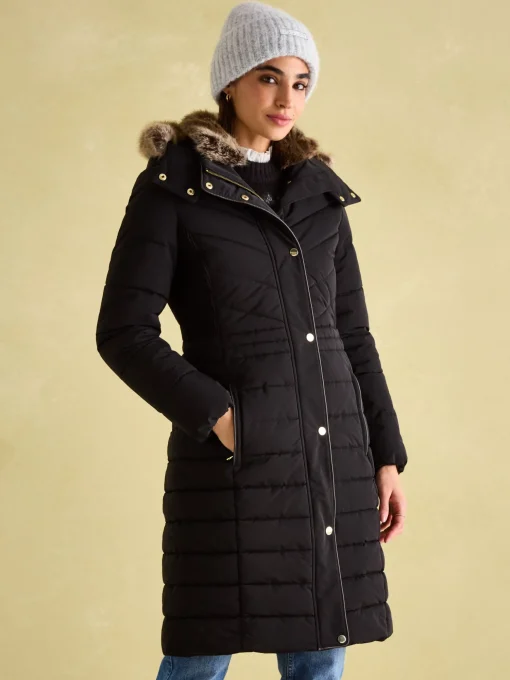 Cherington Black Showerproof Longline Padded Coat with Faux Fur Hood