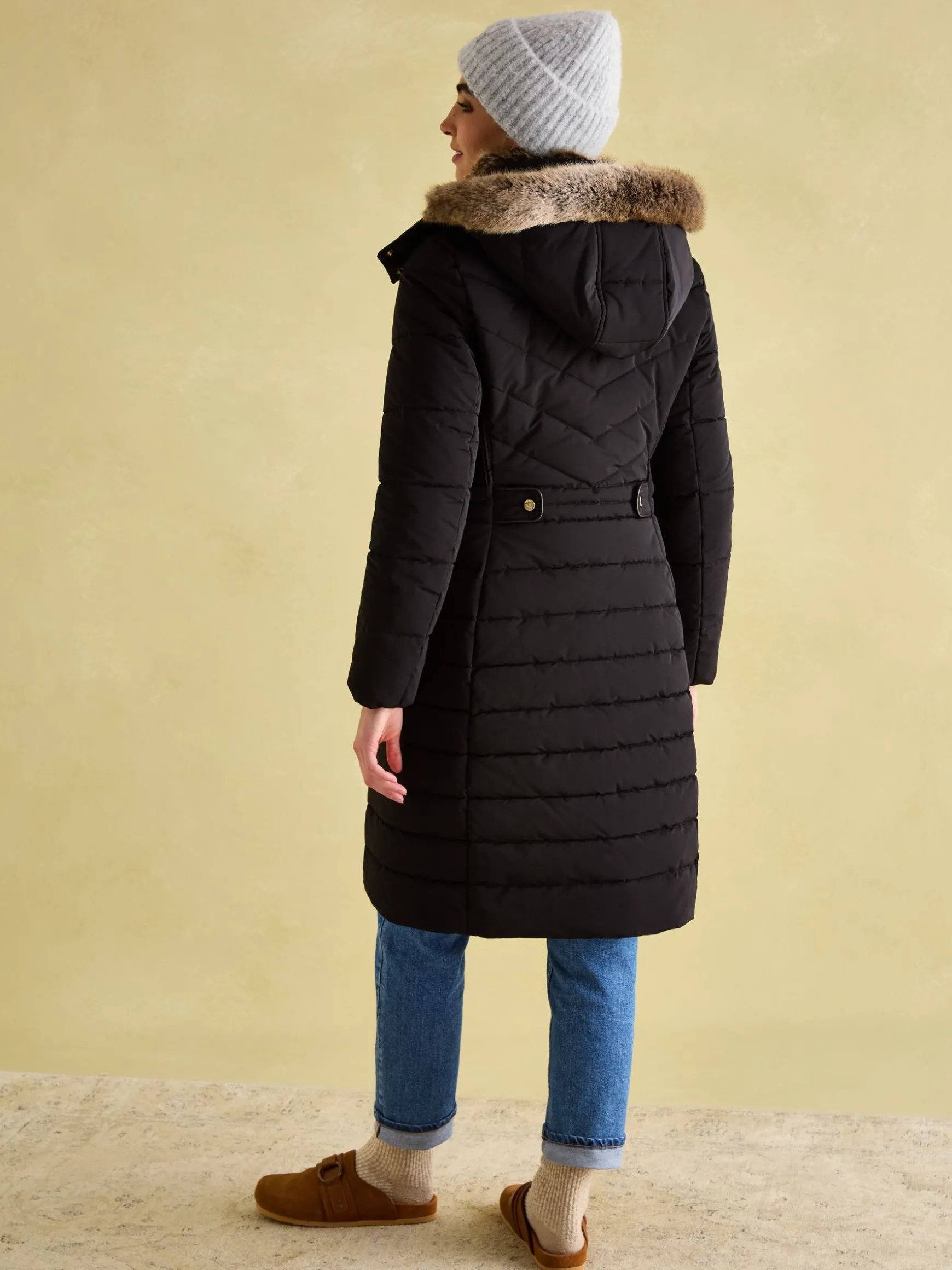 Cherington Black Showerproof Longline Padded Coat with Faux Fur Hood