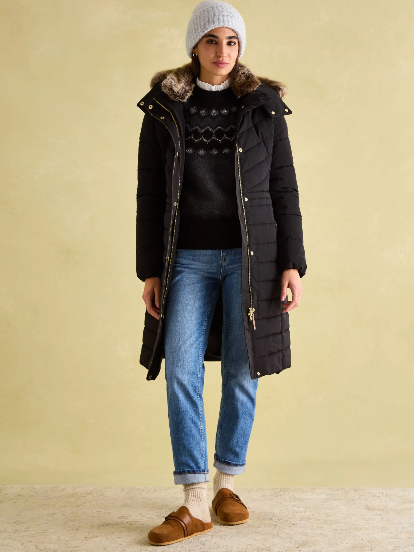 Cherington Black Showerproof Longline Padded Coat with Faux Fur Hood