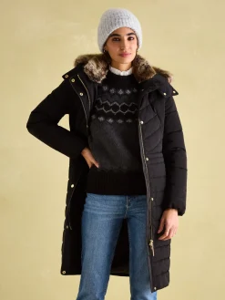 Cherington Black Showerproof Longline Padded Coat with Faux Fur Hood