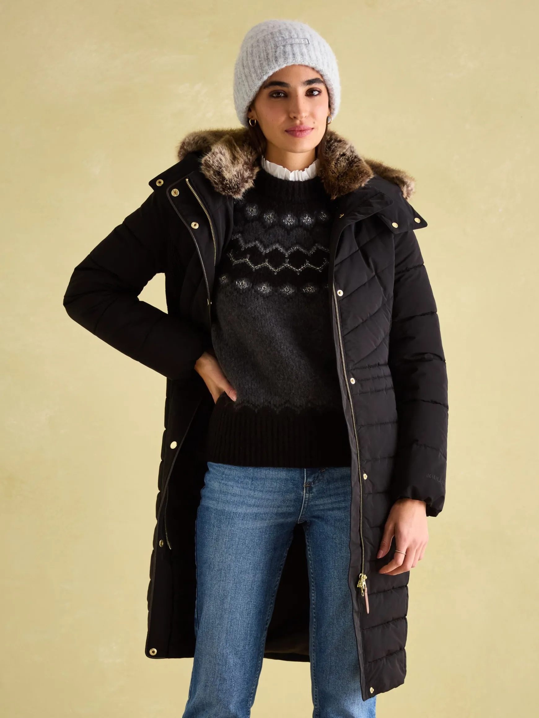 Cherington Black Showerproof Longline Padded Coat with Faux Fur Hood