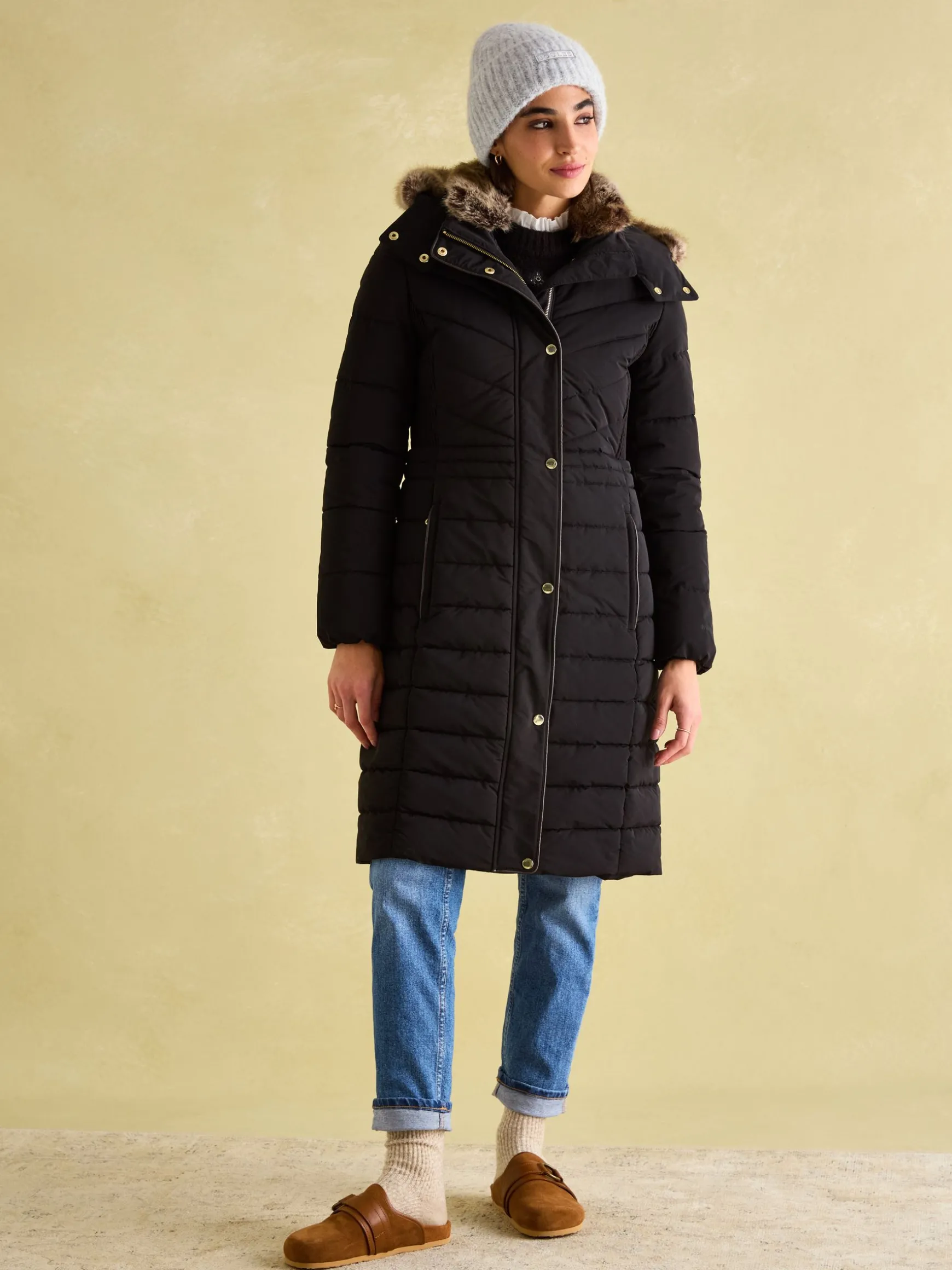 Cherington Black Showerproof Longline Padded Coat with Faux Fur Hood