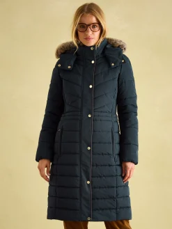 Cherington Navy Showerproof Longline Padded Coat with Faux Fur Hood