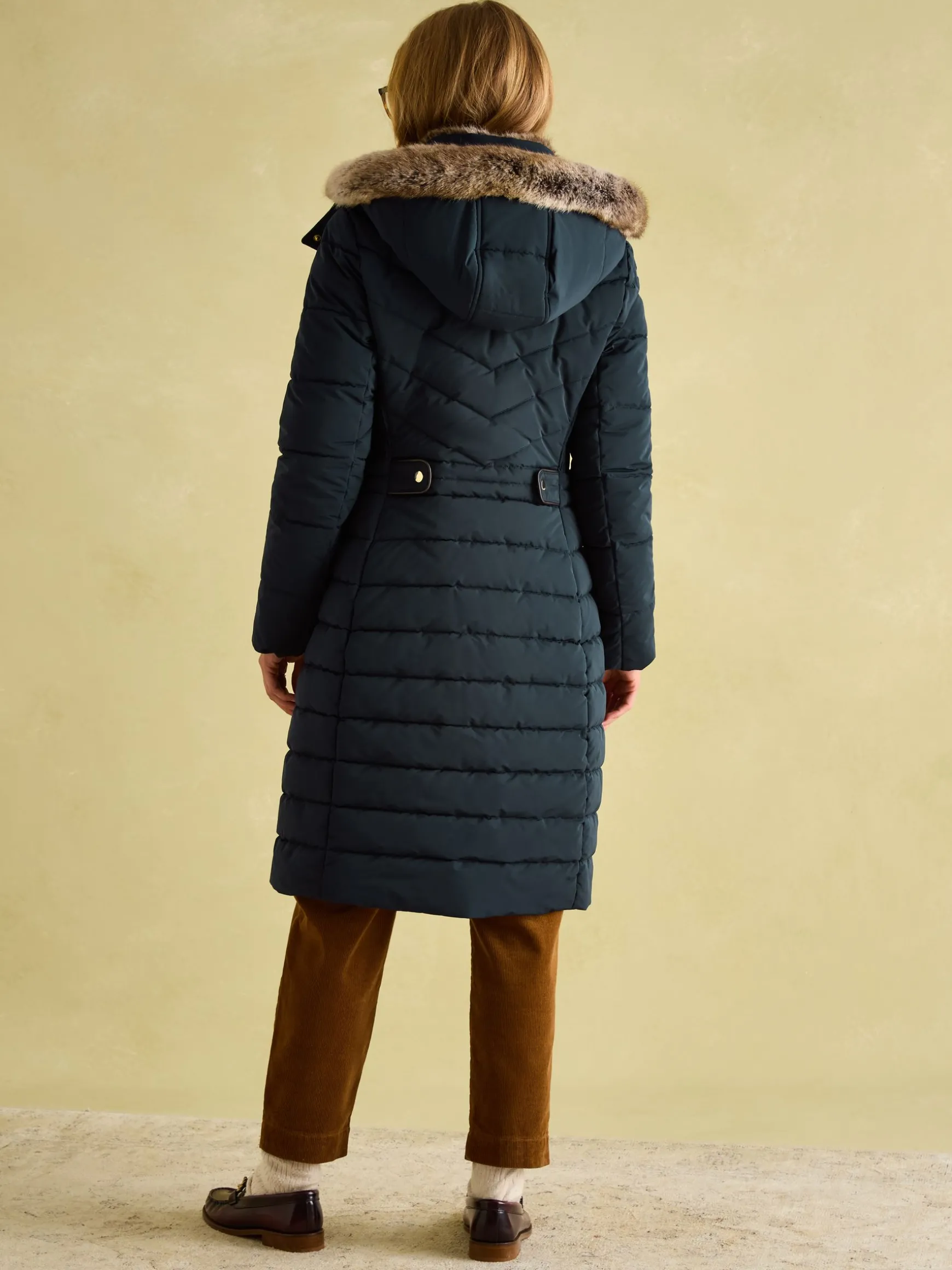 Cherington Navy Showerproof Longline Padded Coat with Faux Fur Hood