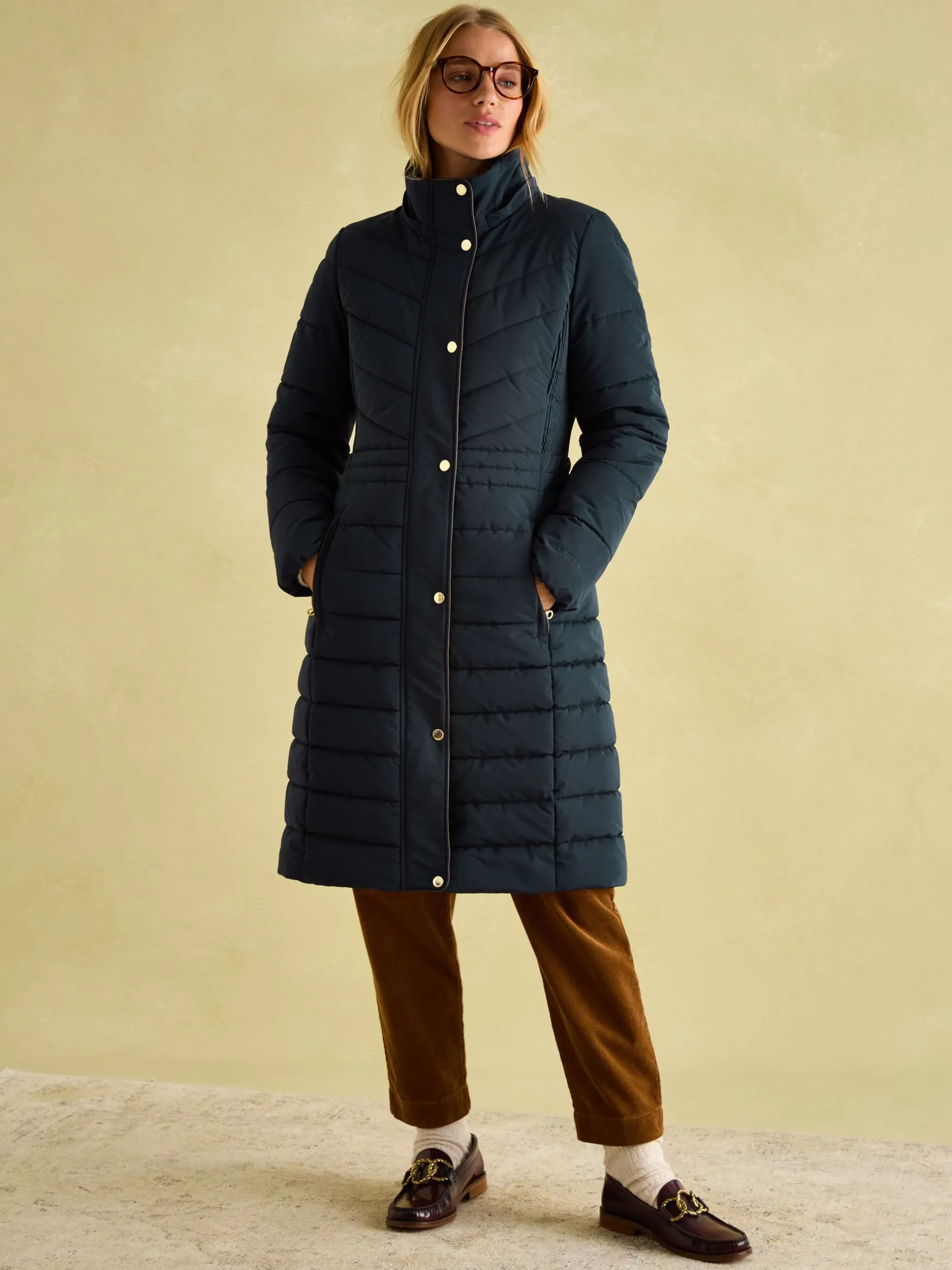 Cherington Navy Showerproof Longline Padded Coat with Faux Fur Hood