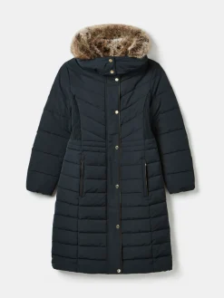 Cherington Navy Showerproof Longline Padded Coat with Faux Fur Hood
