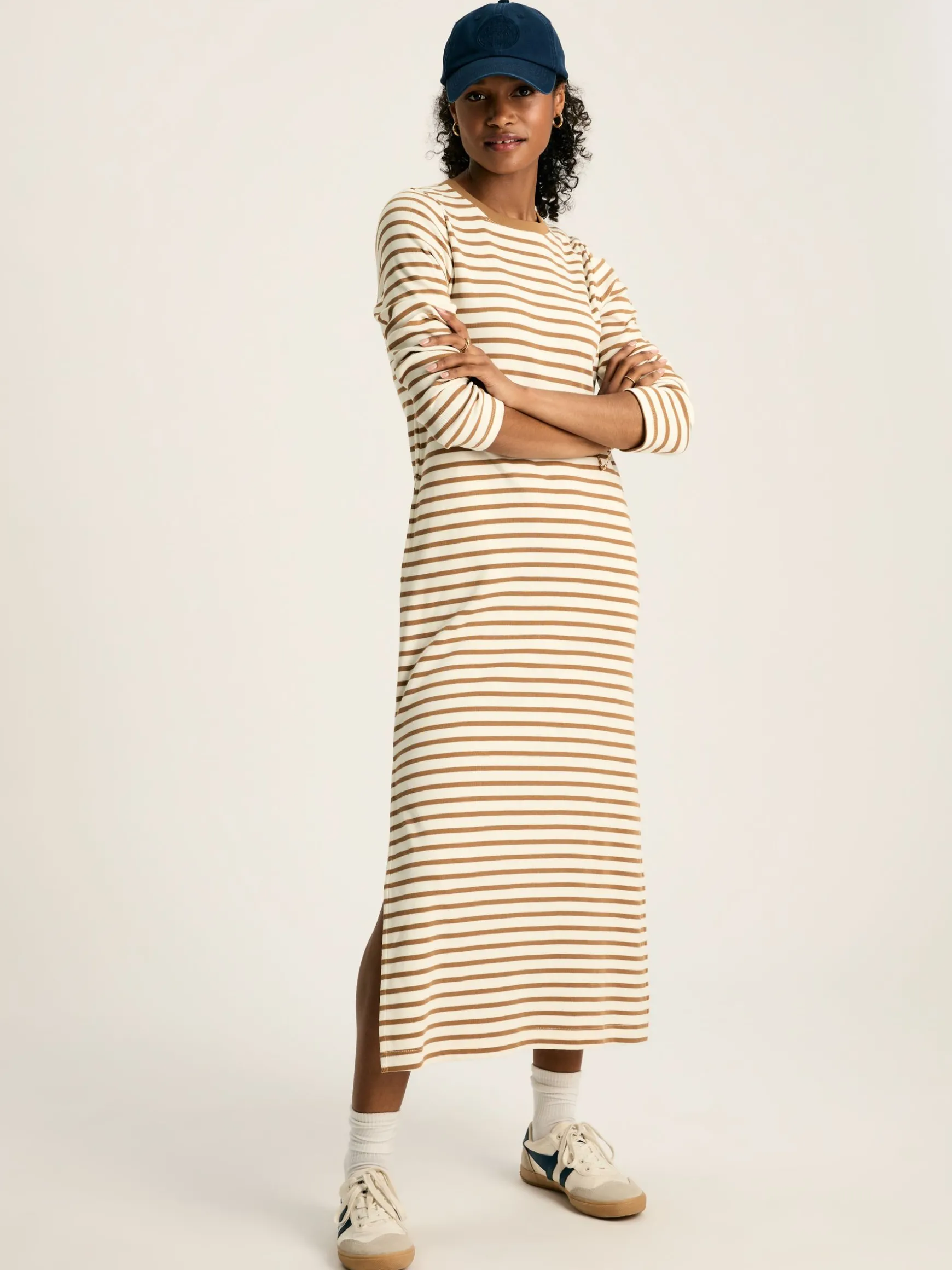 Cleo Tan Brown Striped Long Sleeve Jersey Midi Dress