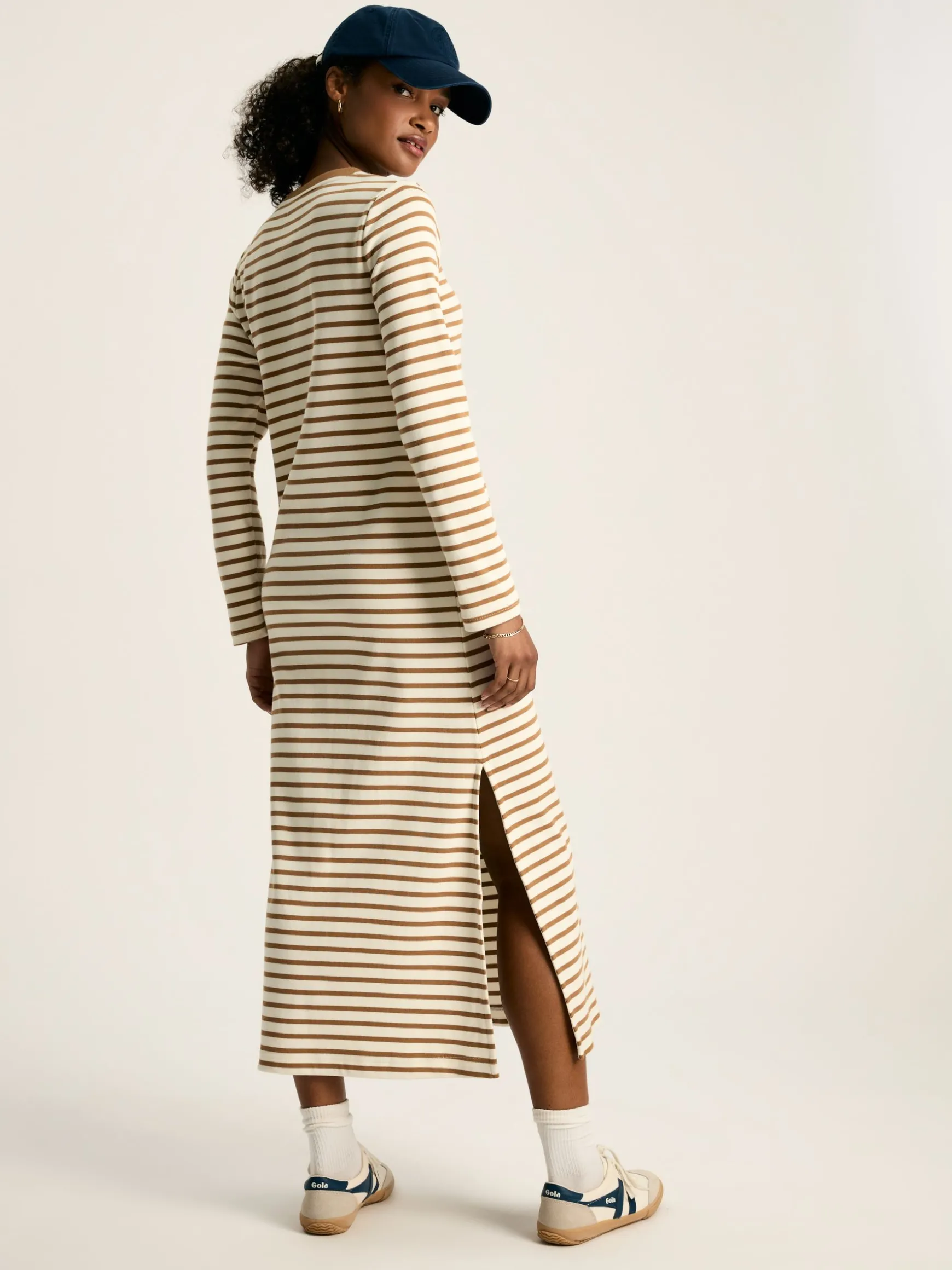 Cleo Tan Brown Striped Long Sleeve Jersey Midi Dress
