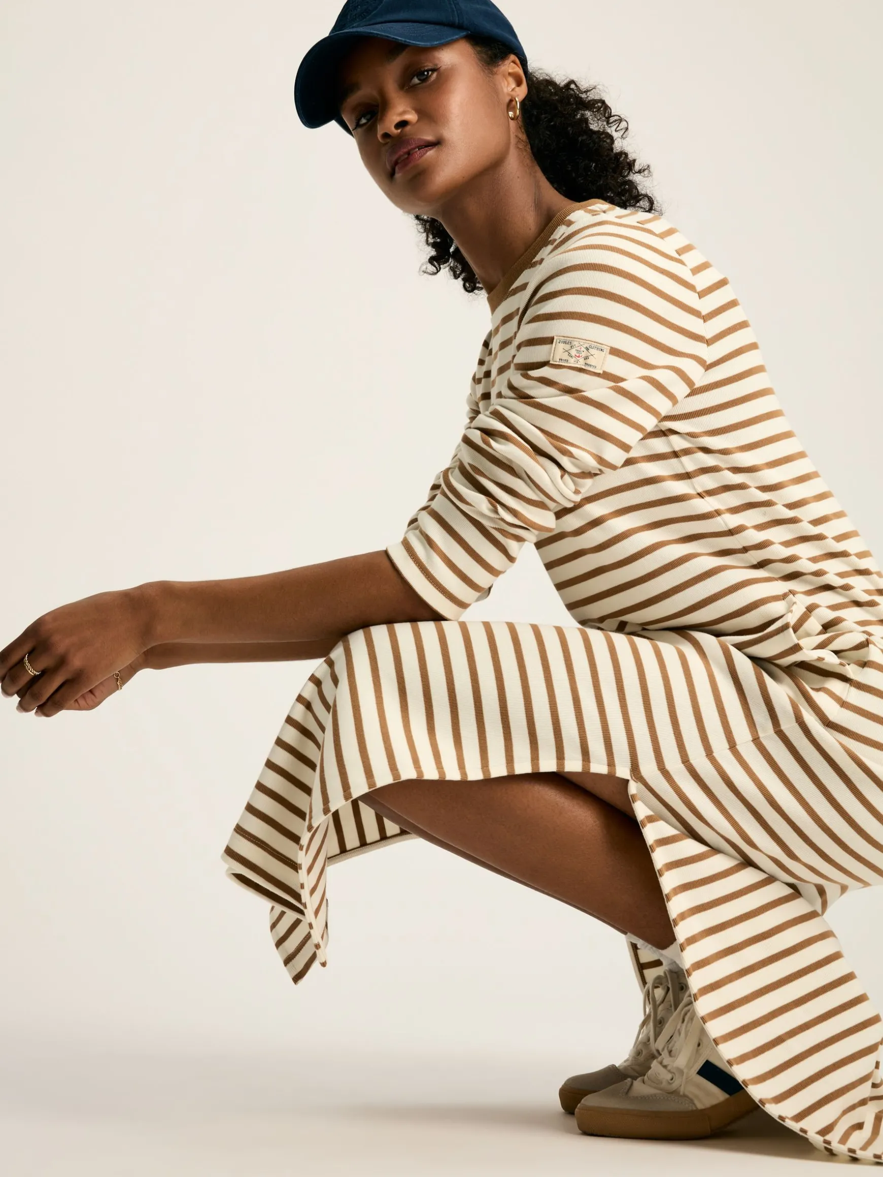 Cleo Tan Brown Striped Long Sleeve Jersey Midi Dress