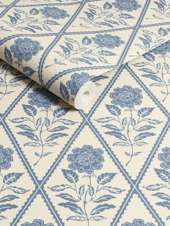 Cream/Blue Juliette Floral Print 10M Wallpaper