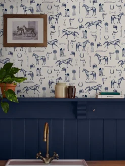 Cream/Blue Sketched Equestrian Print 10M Wallpaper